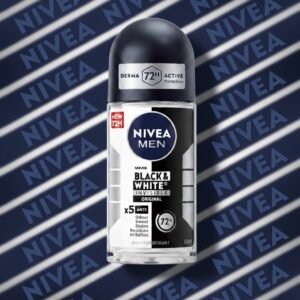 Nivea Men Black and White Invisible Original 72H anti-perspirant roll-on deodorant 50ml bottle against a blue branded background