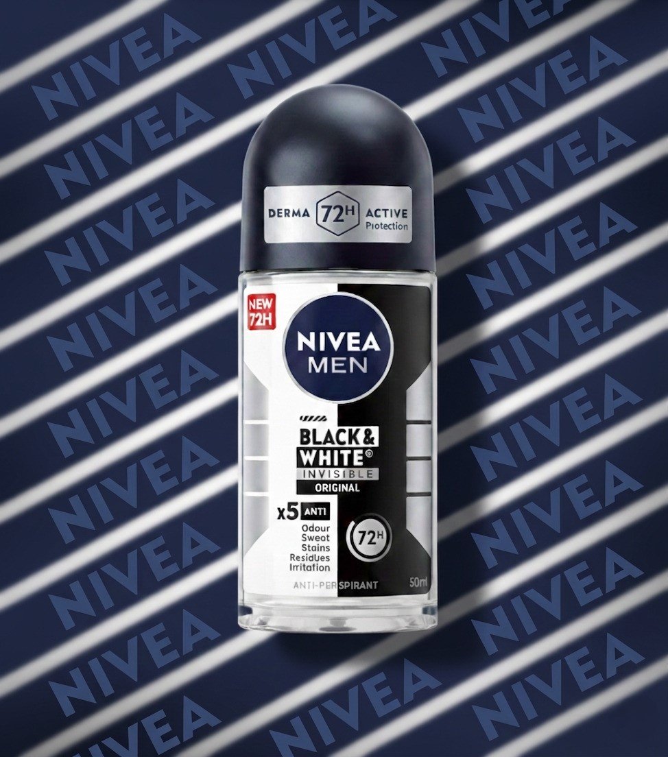 Nivea Men Black and White Invisible Original 72H anti-perspirant roll-on deodorant 50ml bottle against a blue branded background
